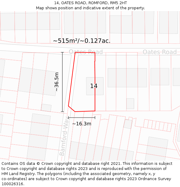 14, OATES ROAD, ROMFORD, RM5 2HT: Plot and title map