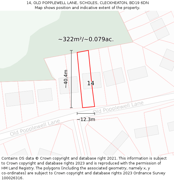 14, OLD POPPLEWELL LANE, SCHOLES, CLECKHEATON, BD19 6DN: Plot and title map