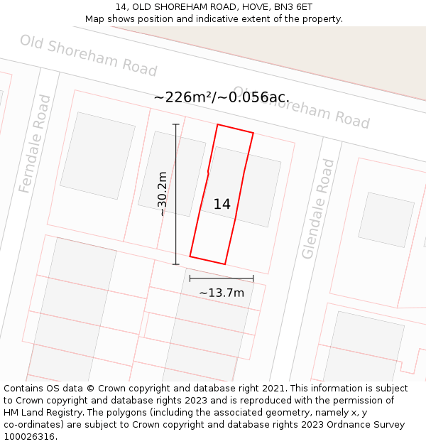 14, OLD SHOREHAM ROAD, HOVE, BN3 6ET: Plot and title map