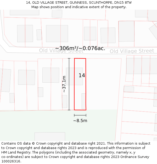 14, OLD VILLAGE STREET, GUNNESS, SCUNTHORPE, DN15 8TW: Plot and title map