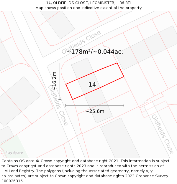 14, OLDFIELDS CLOSE, LEOMINSTER, HR6 8TL: Plot and title map