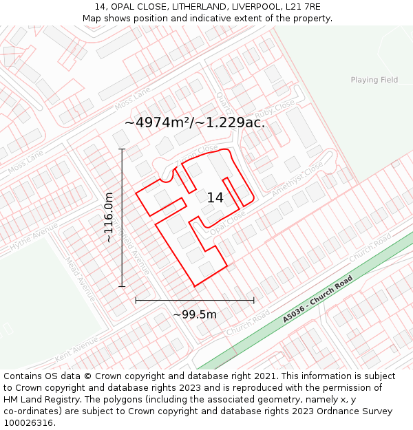 14, OPAL CLOSE, LITHERLAND, LIVERPOOL, L21 7RE: Plot and title map