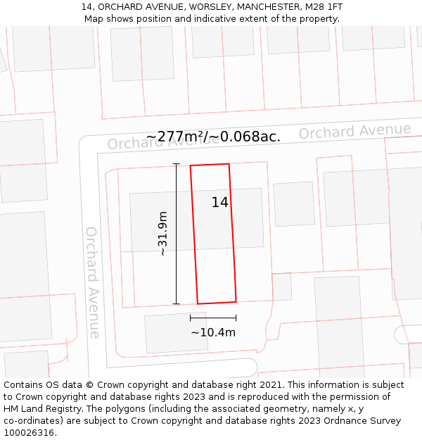 14, ORCHARD AVENUE, WORSLEY, MANCHESTER, M28 1FT: Plot and title map