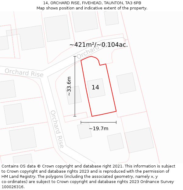 14, ORCHARD RISE, FIVEHEAD, TAUNTON, TA3 6PB: Plot and title map