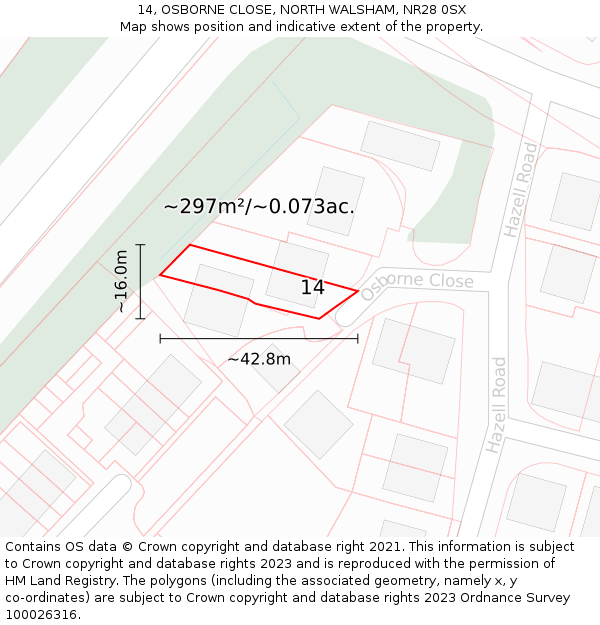 14, OSBORNE CLOSE, NORTH WALSHAM, NR28 0SX: Plot and title map