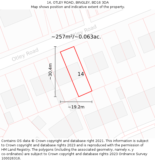 14, OTLEY ROAD, BINGLEY, BD16 3DA: Plot and title map