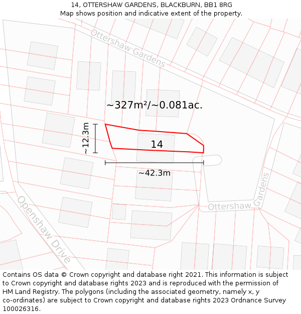 14, OTTERSHAW GARDENS, BLACKBURN, BB1 8RG: Plot and title map