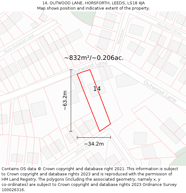 14, OUTWOOD LANE, HORSFORTH, LEEDS, LS18 4JA: Plot and title map