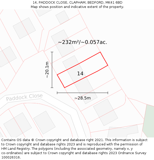 14, PADDOCK CLOSE, CLAPHAM, BEDFORD, MK41 6BD: Plot and title map