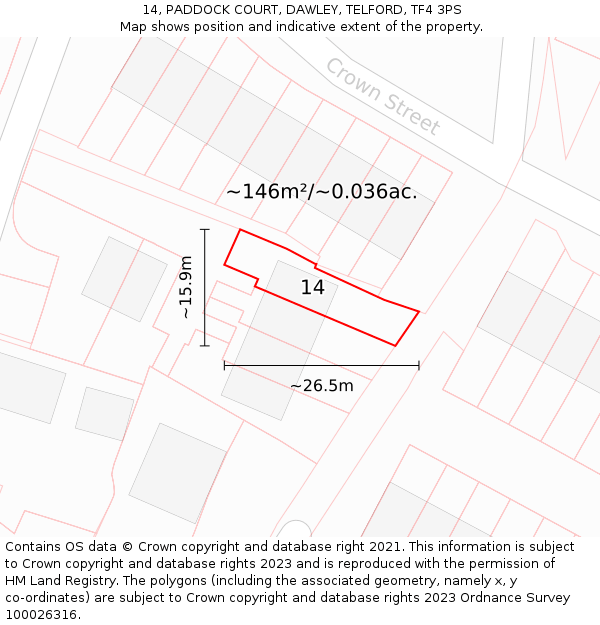 14, PADDOCK COURT, DAWLEY, TELFORD, TF4 3PS: Plot and title map