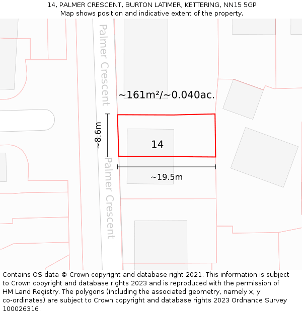 14, PALMER CRESCENT, BURTON LATIMER, KETTERING, NN15 5GP: Plot and title map