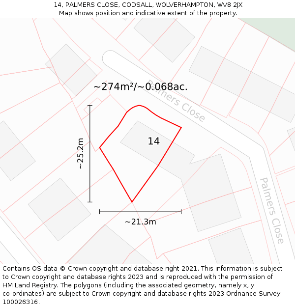 14, PALMERS CLOSE, CODSALL, WOLVERHAMPTON, WV8 2JX: Plot and title map