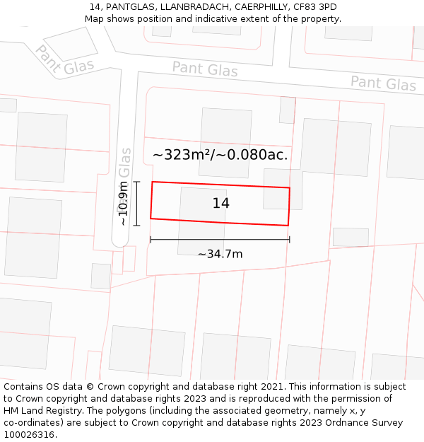 14, PANTGLAS, LLANBRADACH, CAERPHILLY, CF83 3PD: Plot and title map