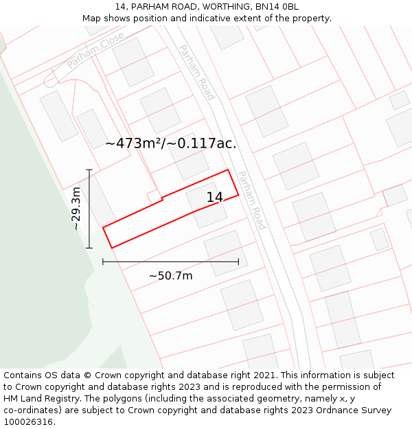 14, PARHAM ROAD, WORTHING, BN14 0BL: Plot and title map