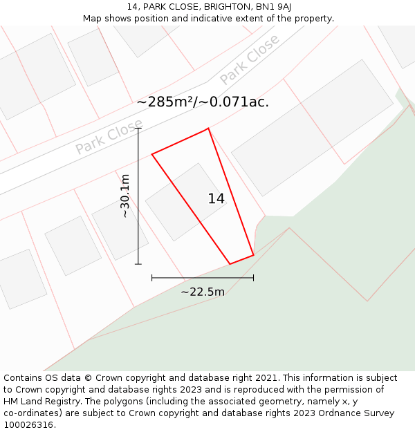 14, PARK CLOSE, BRIGHTON, BN1 9AJ: Plot and title map