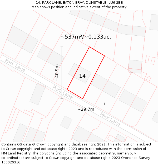 14, PARK LANE, EATON BRAY, DUNSTABLE, LU6 2BB: Plot and title map