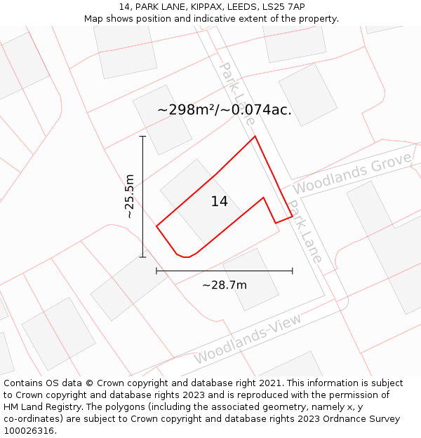 14, PARK LANE, KIPPAX, LEEDS, LS25 7AP: Plot and title map