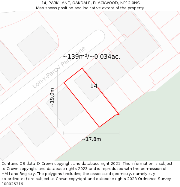 14, PARK LANE, OAKDALE, BLACKWOOD, NP12 0NS: Plot and title map