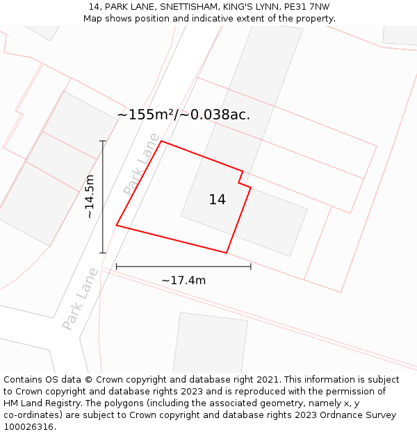 14, PARK LANE, SNETTISHAM, KING'S LYNN, PE31 7NW: Plot and title map