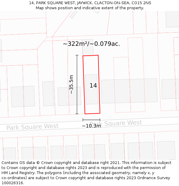 14, PARK SQUARE WEST, JAYWICK, CLACTON-ON-SEA, CO15 2NS: Plot and title map