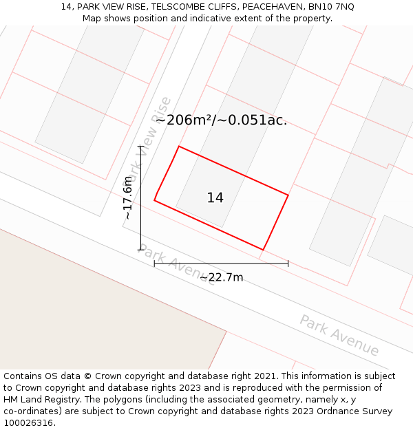 14, PARK VIEW RISE, TELSCOMBE CLIFFS, PEACEHAVEN, BN10 7NQ: Plot and title map