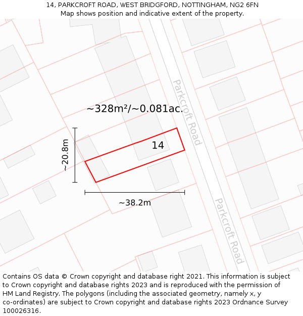 14, PARKCROFT ROAD, WEST BRIDGFORD, NOTTINGHAM, NG2 6FN: Plot and title map