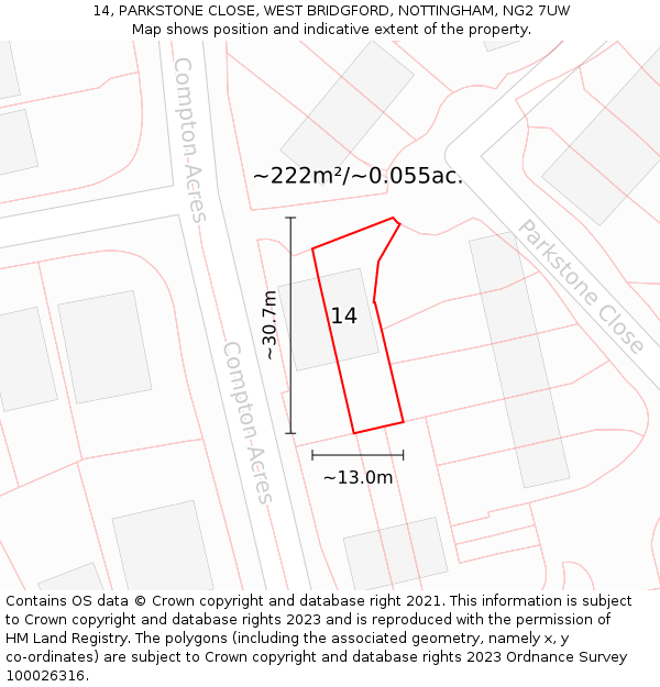 14, PARKSTONE CLOSE, WEST BRIDGFORD, NOTTINGHAM, NG2 7UW: Plot and title map