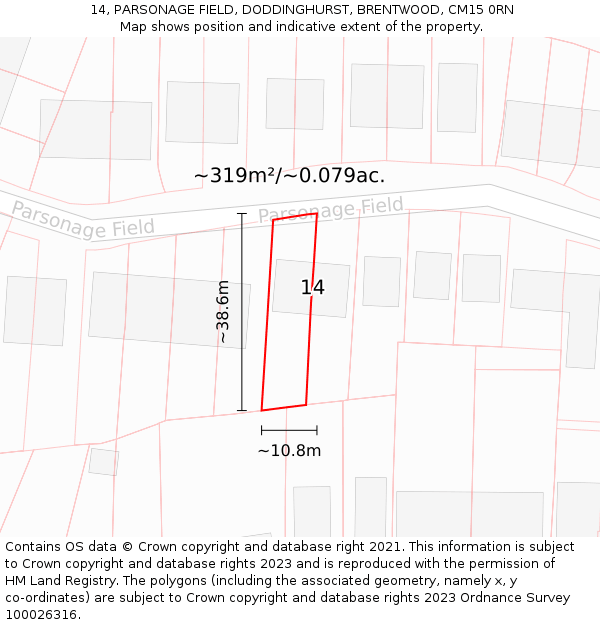 14, PARSONAGE FIELD, DODDINGHURST, BRENTWOOD, CM15 0RN: Plot and title map