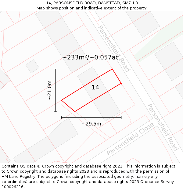 14, PARSONSFIELD ROAD, BANSTEAD, SM7 1JR: Plot and title map