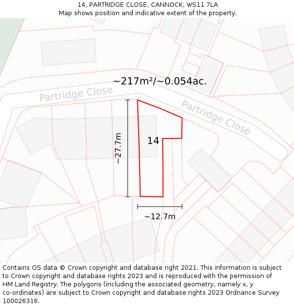 14, PARTRIDGE CLOSE, CANNOCK, WS11 7LA: Plot and title map