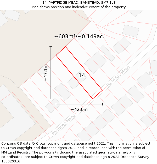 14, PARTRIDGE MEAD, BANSTEAD, SM7 1LS: Plot and title map