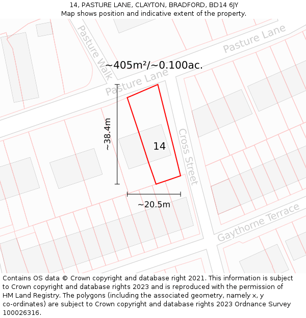 14, PASTURE LANE, CLAYTON, BRADFORD, BD14 6JY: Plot and title map