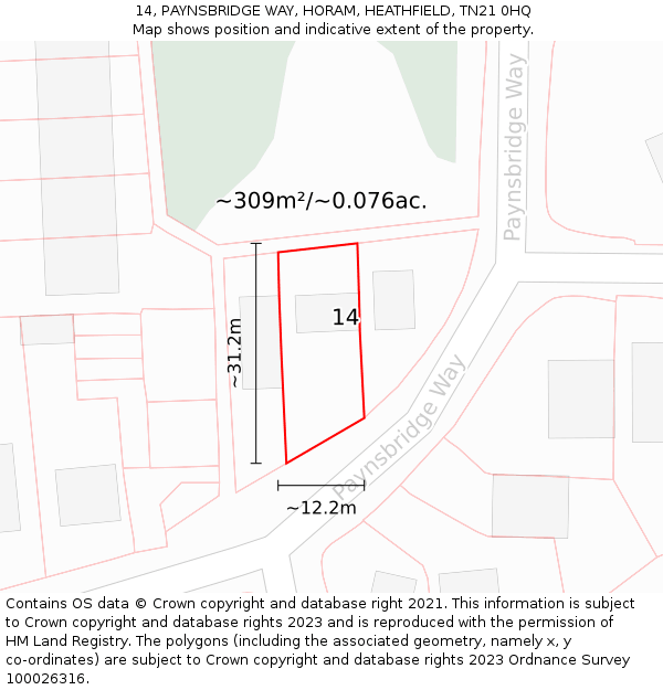 14, PAYNSBRIDGE WAY, HORAM, HEATHFIELD, TN21 0HQ: Plot and title map