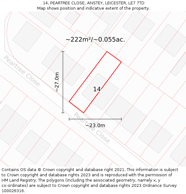 14, PEARTREE CLOSE, ANSTEY, LEICESTER, LE7 7TD: Plot and title map