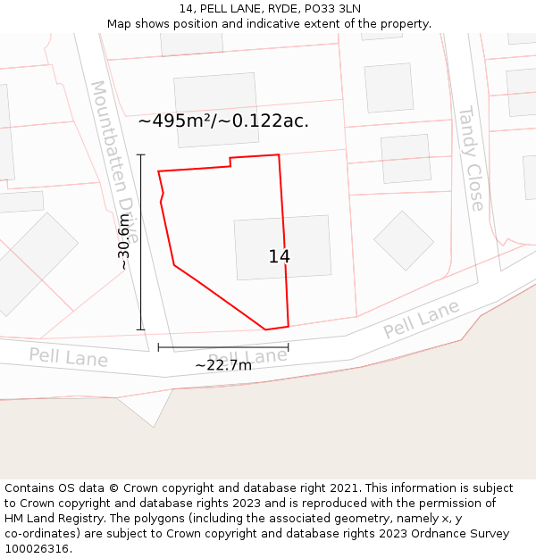 14, PELL LANE, RYDE, PO33 3LN: Plot and title map