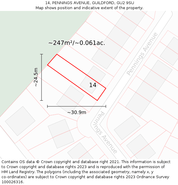 14, PENNINGS AVENUE, GUILDFORD, GU2 9SU: Plot and title map