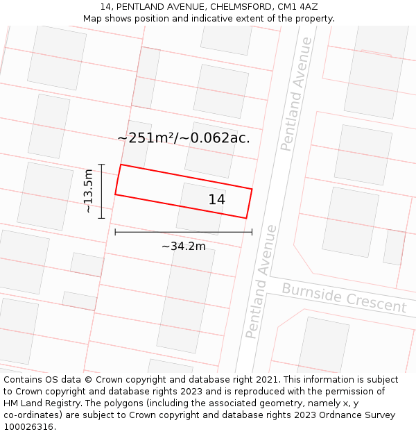 14, PENTLAND AVENUE, CHELMSFORD, CM1 4AZ: Plot and title map