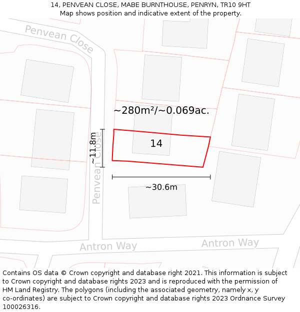 14, PENVEAN CLOSE, MABE BURNTHOUSE, PENRYN, TR10 9HT: Plot and title map