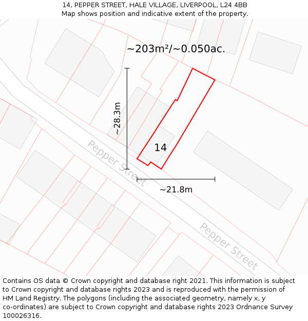 14, PEPPER STREET, HALE VILLAGE, LIVERPOOL, L24 4BB: Plot and title map