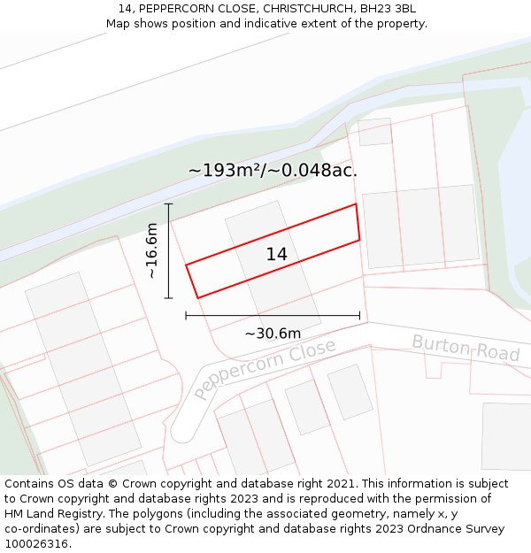 14, PEPPERCORN CLOSE, CHRISTCHURCH, BH23 3BL: Plot and title map