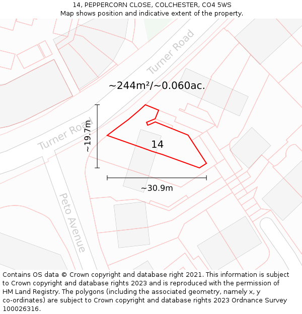 14, PEPPERCORN CLOSE, COLCHESTER, CO4 5WS: Plot and title map