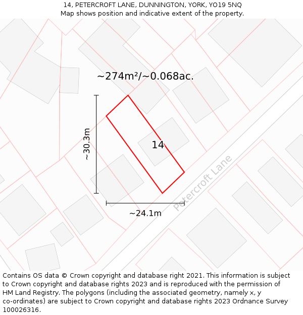 14, PETERCROFT LANE, DUNNINGTON, YORK, YO19 5NQ: Plot and title map