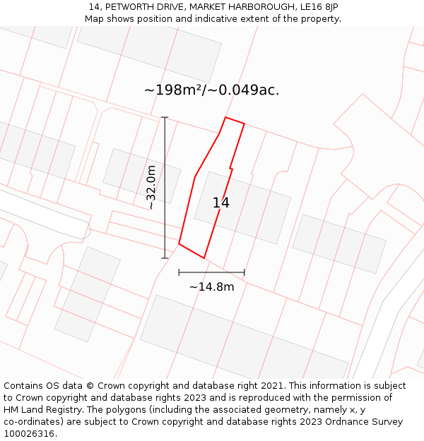 14, PETWORTH DRIVE, MARKET HARBOROUGH, LE16 8JP: Plot and title map