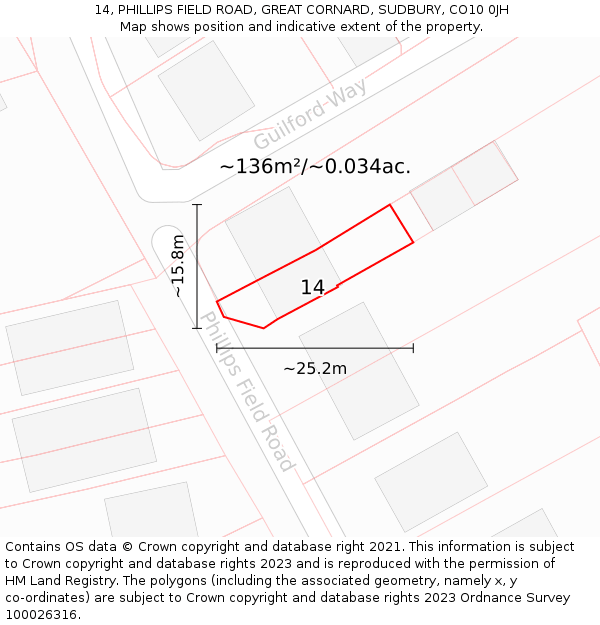 14, PHILLIPS FIELD ROAD, GREAT CORNARD, SUDBURY, CO10 0JH: Plot and title map