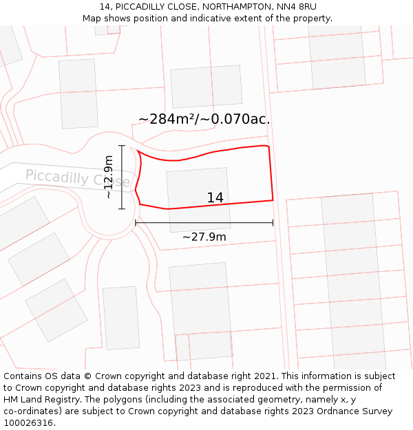 14, PICCADILLY CLOSE, NORTHAMPTON, NN4 8RU: Plot and title map