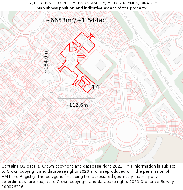 14, PICKERING DRIVE, EMERSON VALLEY, MILTON KEYNES, MK4 2EY: Plot and title map