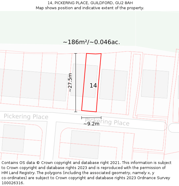 14, PICKERING PLACE, GUILDFORD, GU2 8AH: Plot and title map