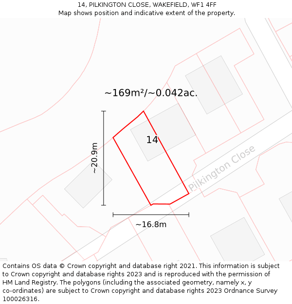 14, PILKINGTON CLOSE, WAKEFIELD, WF1 4FF: Plot and title map