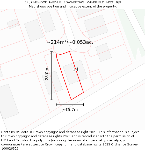 14, PINEWOOD AVENUE, EDWINSTOWE, MANSFIELD, NG21 9JS: Plot and title map