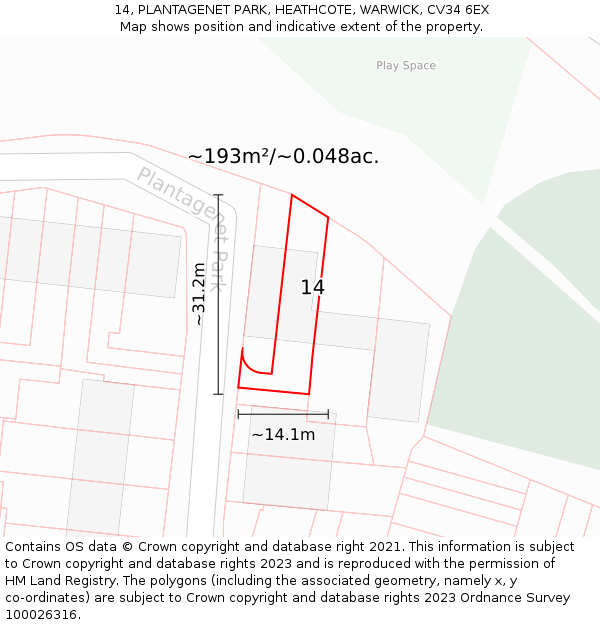 14, PLANTAGENET PARK, HEATHCOTE, WARWICK, CV34 6EX: Plot and title map